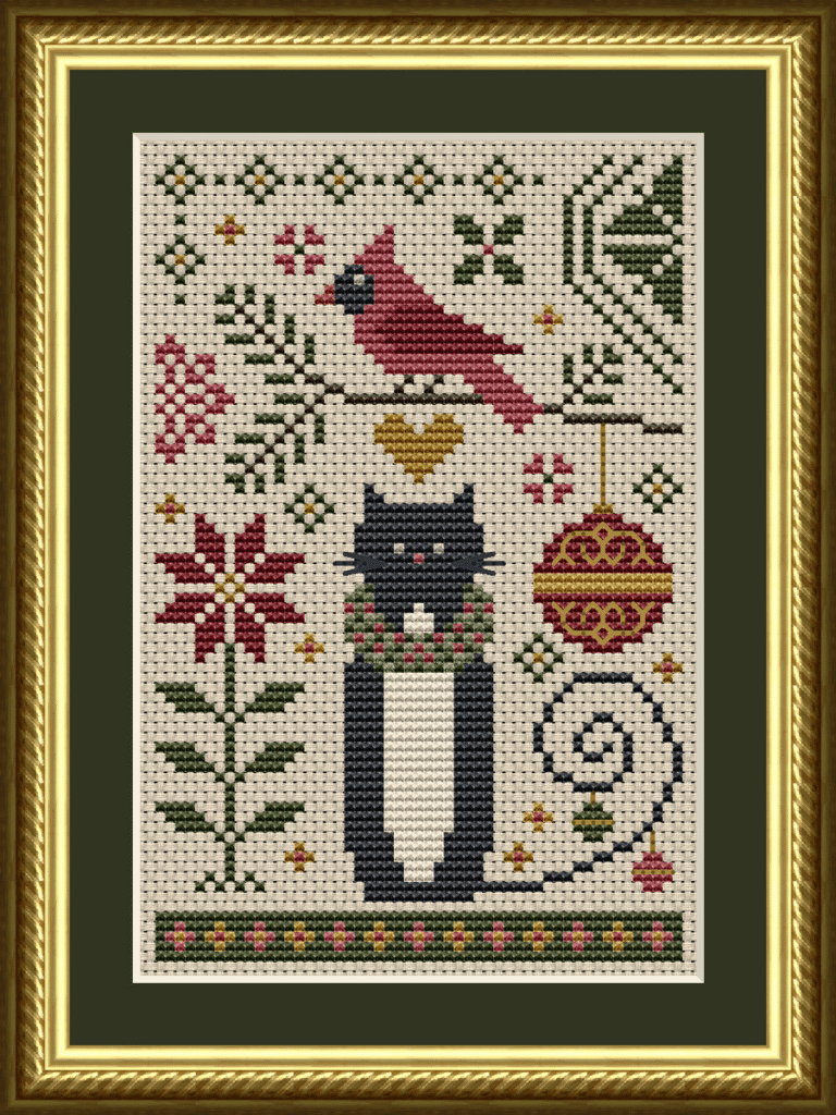 A Cat and Cardinal Christmas Cross Stitch Pattern from the Cat Tales Collection by Happiness Is HeartMade. Designer Christy Shuhy Ortiz. This whimsical cross stitch pattern has a tuxedo cat surrounded by Christmas themed motifs, a cardinal perched overhead on a pine branch, a hanging Christmas ornament, red poinsettia flower, and more, and is a perfect design to stitch for your winter, December, and Christmas themed displays. It is a cute companion piece to the December Cat pattern. This is the Cat design that started it all! The cat can also be stitched in all black for a black cat appearance.
