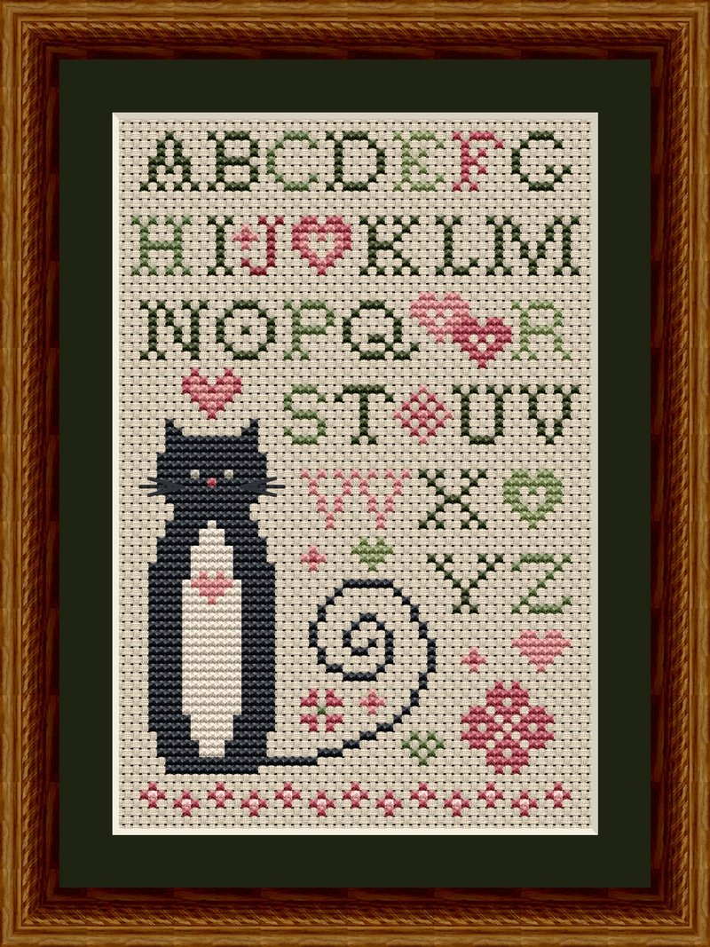 Heart Alphabet Cat Cross Stitch Pattern from the Cat Tales Collection by Happiness Is HeartMade. Designer Christy Shuhy Ortiz. This whimsical cross stitch pattern has a tuxedo cat surrounded by hearts and the alphabet and is a perfect design to stitch for Valentine's Day or the month of February. The cat can also be stitched in all black for a black cat appearance.