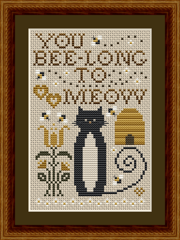 You Bee-long to Meow Cat Cross Stitch Pattern from the Cat Tales Collection by Happiness Is HeartMade. Designer Christy Shuhy Ortiz. This whimsical cross stitch pattern has a tuxedo cat surrounded by bee themed motifs, and a beehive, golden yellow flowers, and hearts, and more, and is a perfect design to stitch for your spring or summer themed display. It is a cute companion piece to the April Cat pattern, which also has golden yellow flowers and bees. The cat can also be stitched in all black for a black cat appearance.