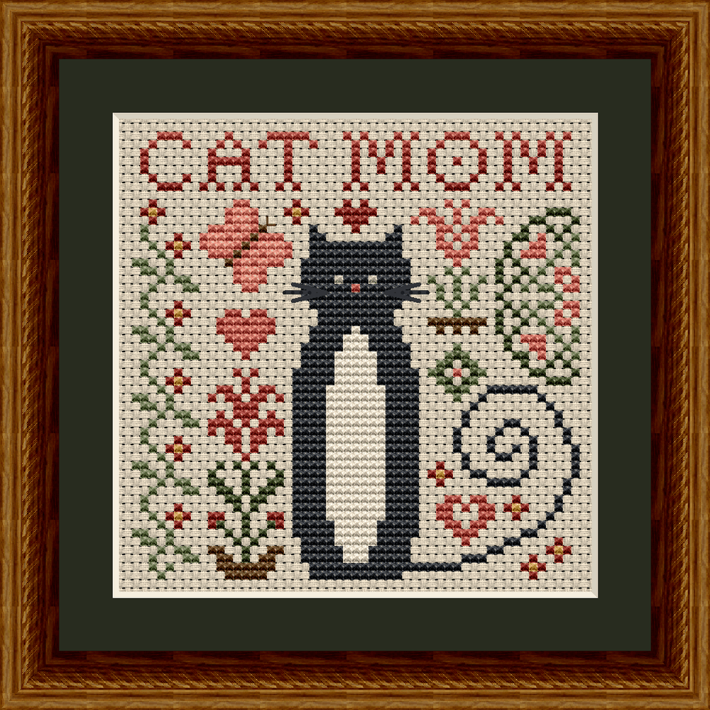 Cat Mom Cross Stitch Pattern from the Cat Tales Collection by Happiness Is HeartMade. Designer Christy Shuhy Ortiz. This whimsical cross stitch pattern has a tuxedo cat surrounded by flowers, hearts and a butterfly, and is a sweet design to stitch for yourself or any Cat Mom. It makes a great Cat Mom gift for Mother's Day. The cat can also be stitched in all black for a black cat appearance.