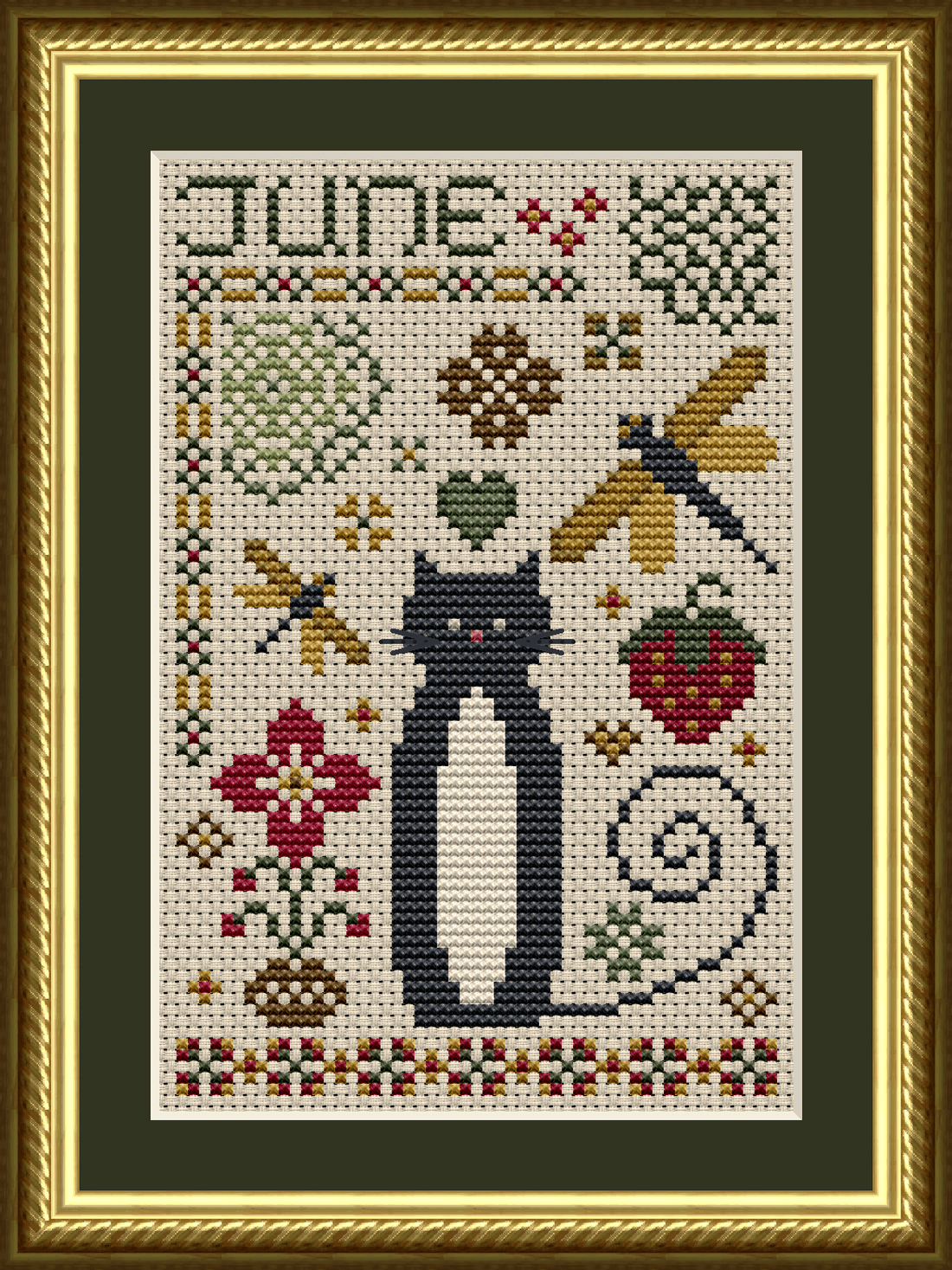 June Cat Cross Stitch Pattern from the Cat Tales Collection by Happiness Is HeartMade. Designer Christy Shuhy Ortiz. This whimsical cross stitch pattern has a tuxedo cat surrounded by dragonflies, a strawberry, summer colored motifs, and more, and is a perfect design to stitch for your summer and warm-weather themed display, There is a specially themed cat for each month of the year. The cat can also be stitched in all black for a black cat appearance.