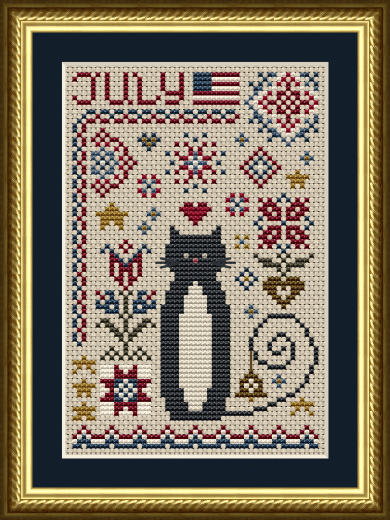 July Cat Cross Stitch Pattern from the Cat Tales Collection by Happiness Is HeartMade. Designer Christy Shuhy Ortiz. This whimsical cross stitch pattern has a tuxedo cat surrounded by patriotic themed motifs, an American flag, red white and blue flowers, hearts, and more, and is a perfect design to stitch for your Independence Day / 4th of July themed display, patriotic cross stitch collections, Americana or American themed displays. There is a specially themed cat for each month of the year. The cat can also be stitched in all black for a black cat appearance. There is also an optional chart without the American flag, and in different colors, for International stitchers who would like to complete the monthly set of the Cat Tales Collection.