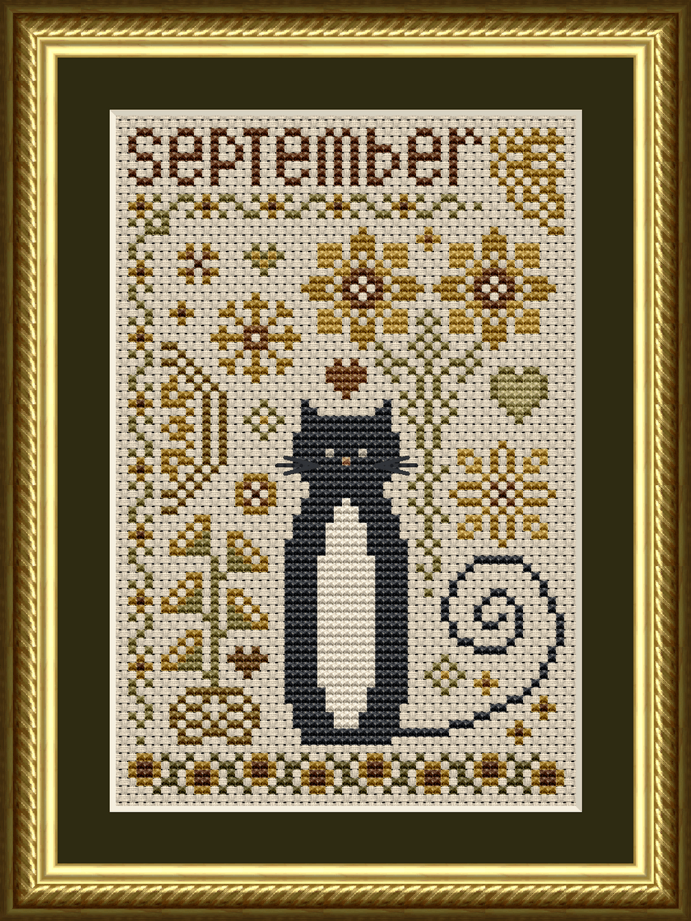September Cat Cross Stitch Pattern from the Cat Tales Collection by Happiness Is HeartMade. Designer Christy Shuhy Ortiz. This whimsical cross stitch pattern has a tuxedo cat surrounded by sunflower motifs, and other golden yellow flowers, and more, in a golden yellow, green and brown color scheme. It is a wonderful design to stitch to commemorate the end of summer, and to add as a part of a summer cross stitch collection. There is a specially themed cat for each month of the year. The cat can also be stitched in all black for a black cat appearance.