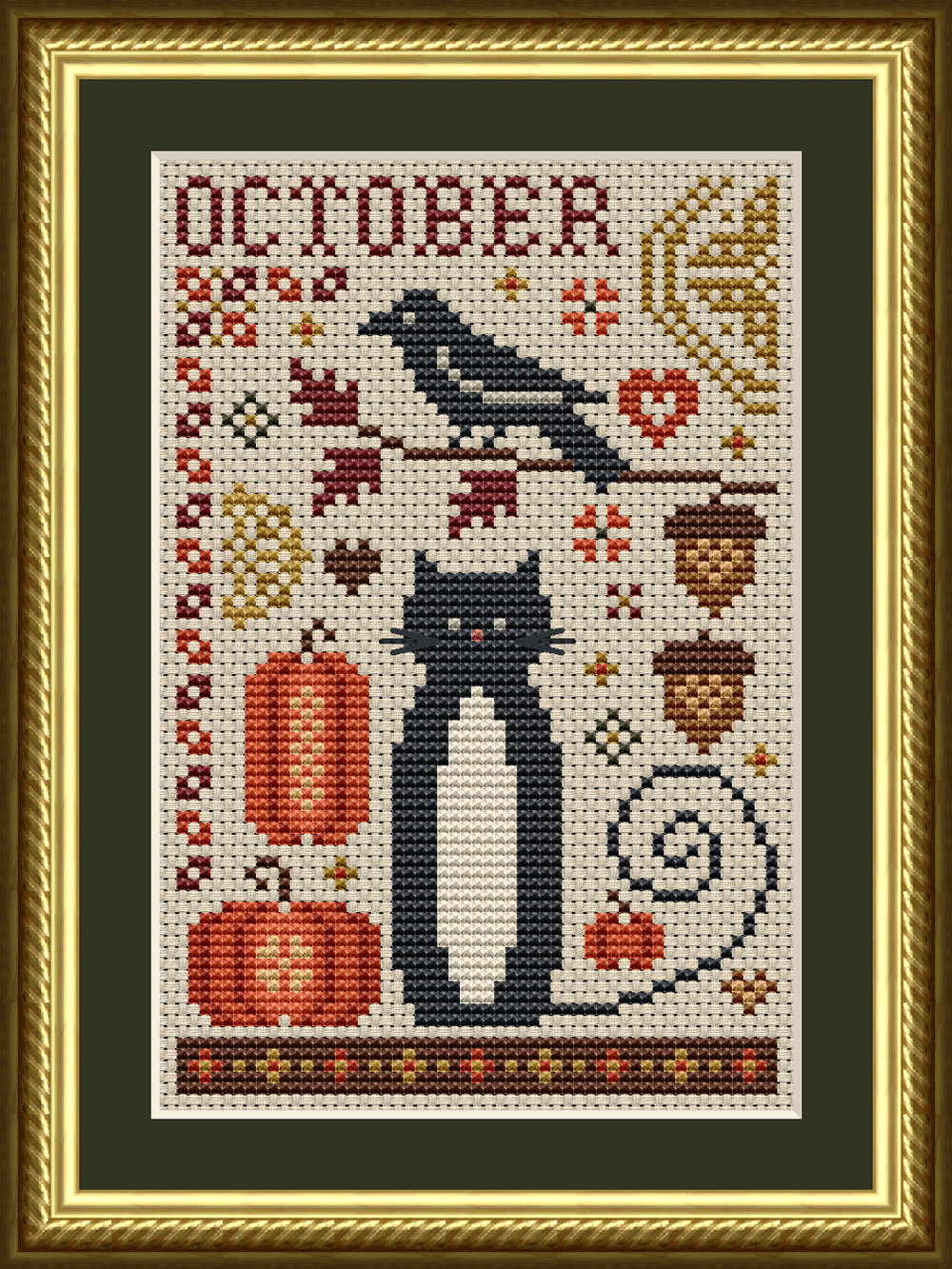 October Cat Cross Stitch Pattern from the Cat Tales Collection by Happiness Is HeartMade. Designer Christy Shuhy Ortiz. This whimsical cross stitch pattern has a tuxedo cat surrounded by harvest themed motifs, a black crow, fall colored flowers and medallions, pumpkins, acorns, autumn leaves and more, and is a perfect design to stitch for your autumn or harvest themed display, and seasonal cross stitch collections. There is a specially themed cat for each month of the year. The cat can also be stitched in all black for a black cat appearance.