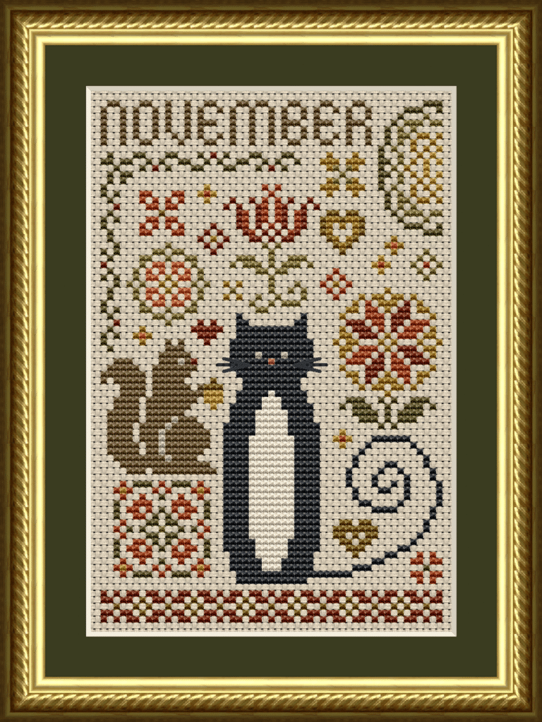 November Cat Cross Stitch Pattern from the Cat Tales Collection by Happiness Is HeartMade. Designer Christy Shuhy Ortiz. This whimsical cross stitch pattern has a tuxedo cat surrounded by autumn themed motifs, an adorable squirrel, fall colored flowers, and more, and is a perfect design to stitch for your autumn or harvest themed display, Thanksgiving cross stitch collections, or to celebrate the cool air of the fall season coming in. There is a specially themed cat for each month of the year. The cat can also be stitched in all black for a black cat appearance.