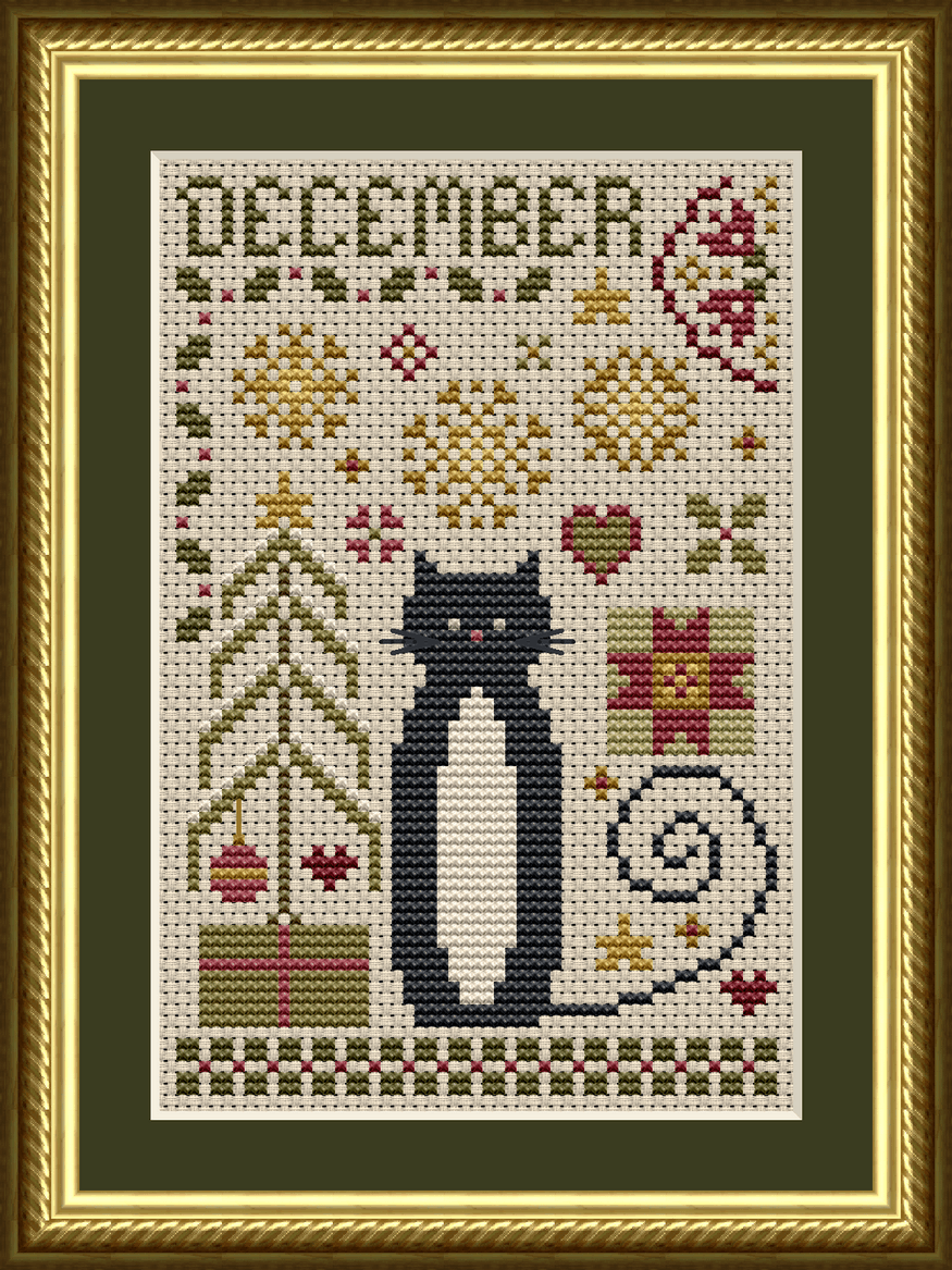 December Cat Cross Stitch Pattern from the Cat Tales Collection by Happiness Is HeartMade. Designer Christy Shuhy Ortiz. This whimsical cross stitch pattern has a tuxedo cat surrounded by Christmas themed motifs, a Christmas tree, golden snowflakes, holly, and more, and is a perfect design to stitch for December display, Christmas cross stitch collections, or the Christmas holiday season. There is a specially themed cat for each month of the year. The cat can also be stitched in all black for a black cat appearance.