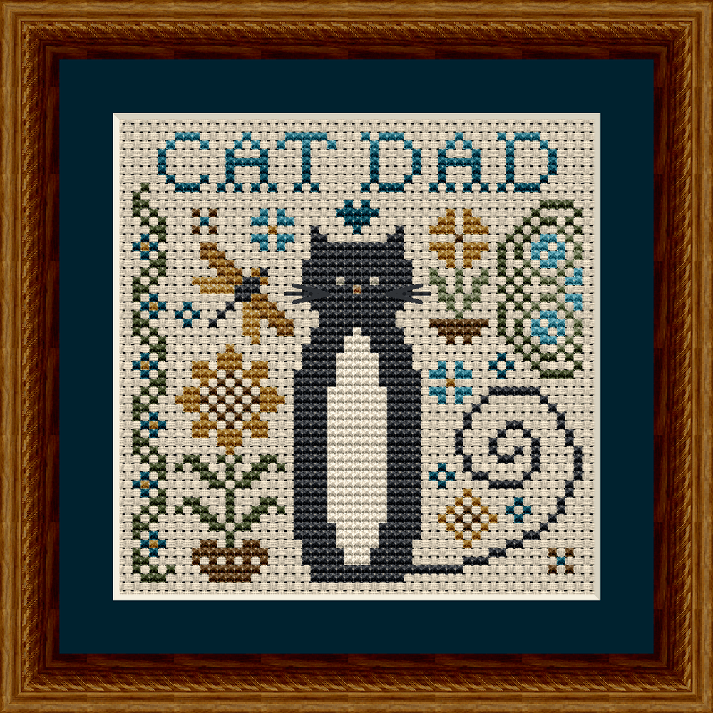 Cat Dad Cross Stitch Pattern from the Cat Tales Collection by Happiness Is HeartMade. Designer Christy Shuhy Ortiz. This whimsical cross stitch pattern has a tuxedo cat surrounded by flower and dragonfly motifs and is a perfect design to stitch for any Cat Dad for Father's Day or any day! The sweet cat can also be stitched in all black for a black cat appearance.