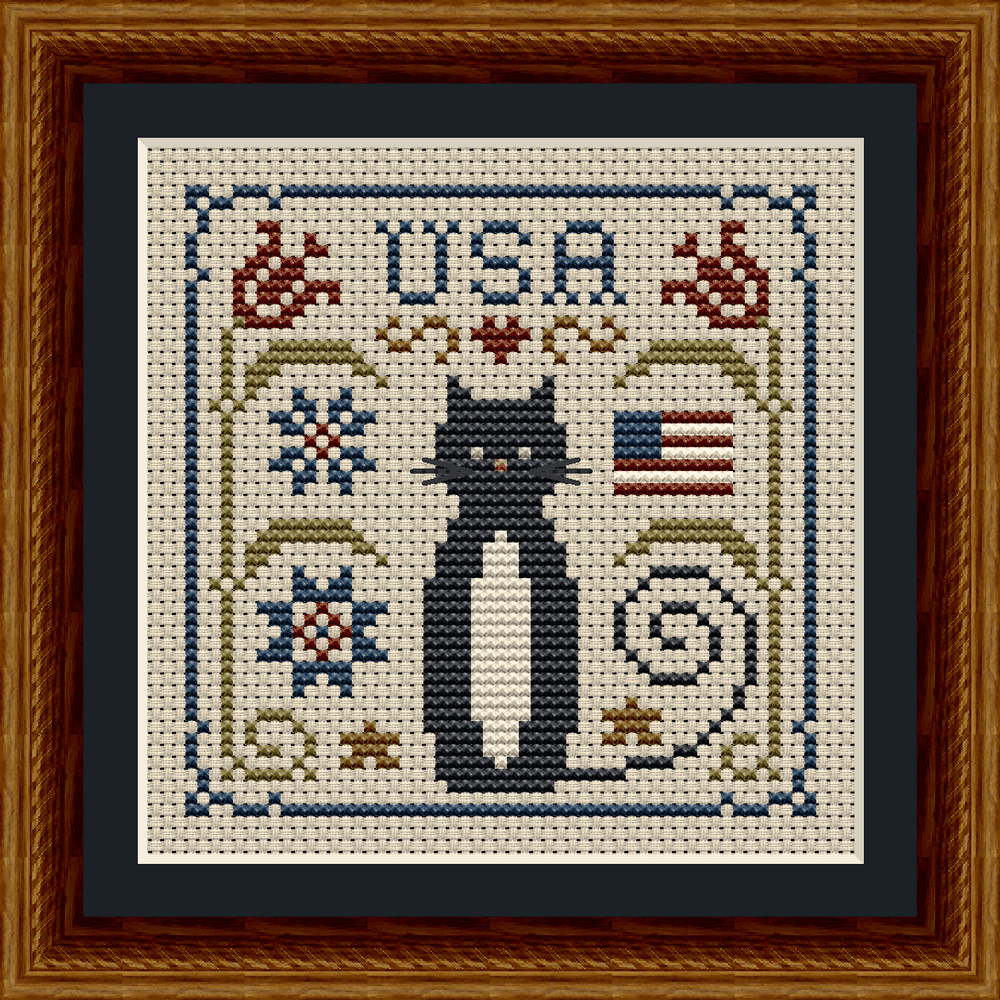 Patriotic USA Cat Cross Stitch Pattern from the Cat Tales Collection by Happiness Is HeartMade. Designer Christy Shuhy Ortiz. This whimsical cross stitch pattern has a tuxedo cat surrounded by red, white, and blue motifs and is a perfect design to stitch for Independence Day / the 4th of July, Memorial Day, Flag Day, or any other American patriotic holiday. The cat can also be stitched in all black for a black cat appearance.