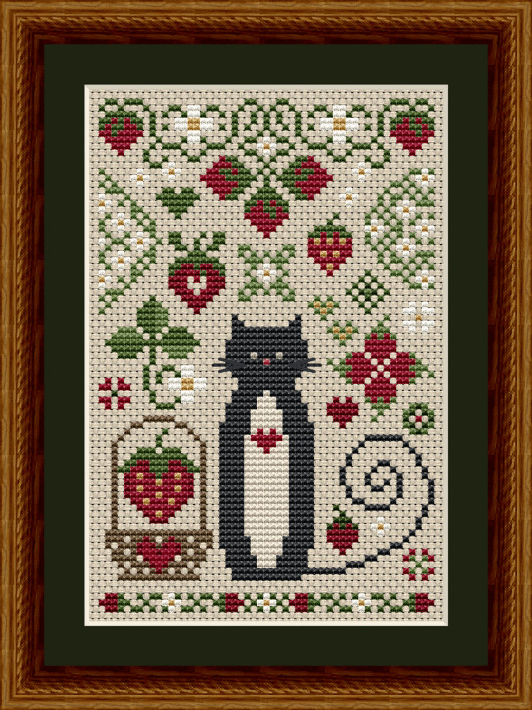 Strawberry Cat Cross Stitch Pattern from the Cat Tales Collection by Happiness Is HeartMade. Designer Christy Shuhy Ortiz. This whimsical cross stitch pattern has a tuxedo cat surrounded by strawberry themed motifs, white and yellow strawberry flowers, leaves, a strawberry basket with a heart on it, and more, and is a perfect design to stitch for your spring or summer themed display. It is a cute companion piece to the June Cat pattern, which also has a strawberry. The cat can also be stitched in all black for a black cat appearance.