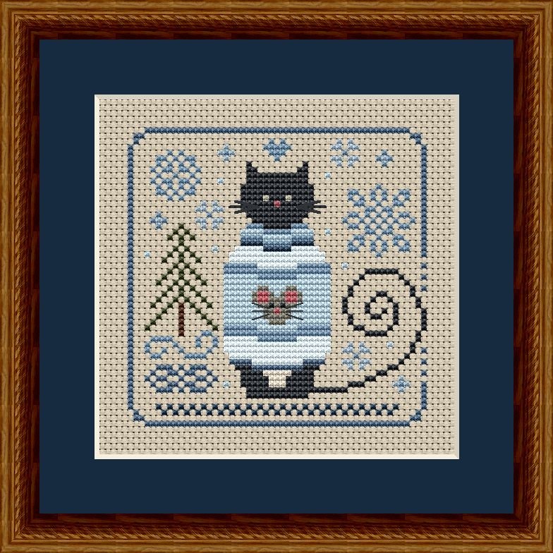 Cat in at Cozy Blue Sweater Cross Stitch Pattern from the Cat Tales Collection by Happiness Is HeartMade. Designer Christy Shuhy Ortiz. This whimsical cross stitch pattern has a tuxedo cat surrounded by winter and snowflake style motifs and is a perfect design to stitch for the month of January and cold weather days. The cat can also be stitched in all black for a black cat appearance.